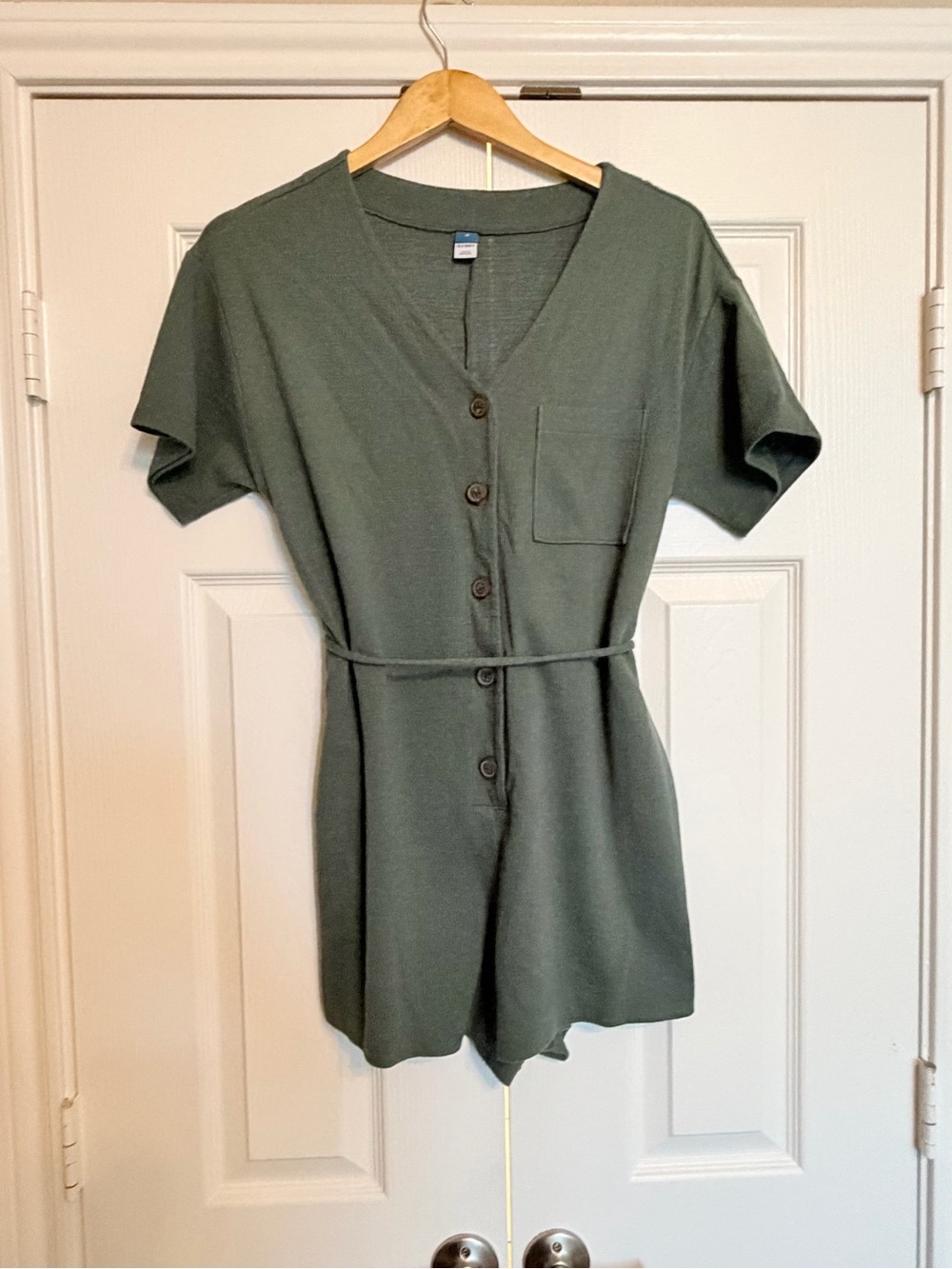 Old Navy Olive Green Button-Front Short-Sleeve Romper with Waist Tie